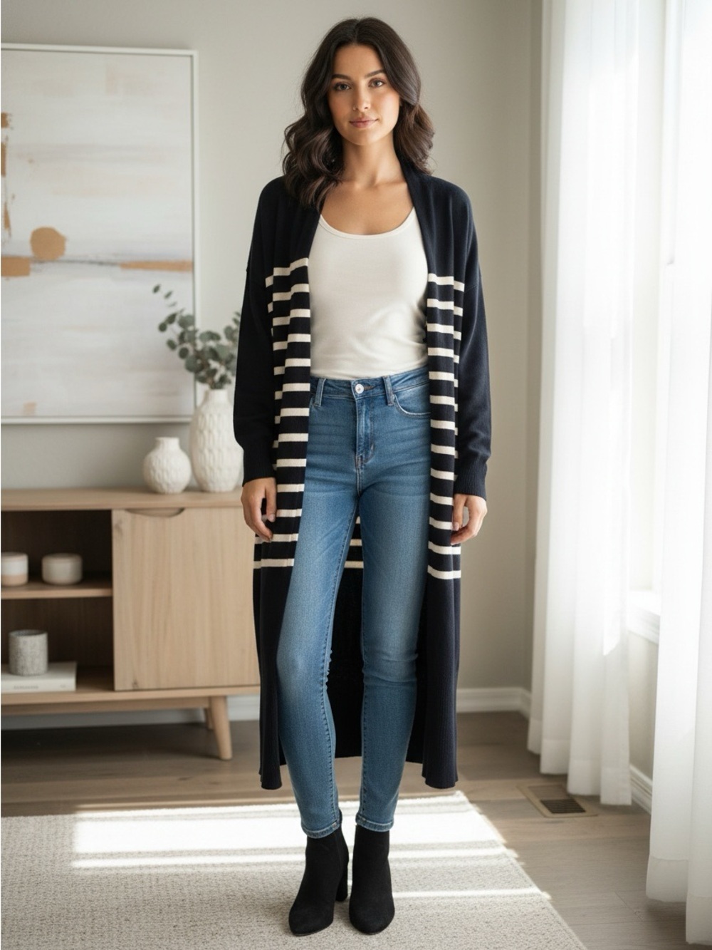 Loft Factory Women’s Navy & White Striped Open Front Cardigan Long Sweater Large